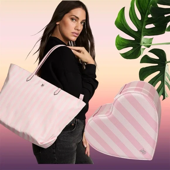 New Victoria’s Secret iconic stripe large tote and Heart Jewelry Box bundle - Picture 4 of 10